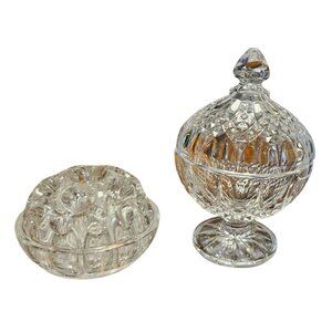 2 Vintage Glass flower Frog Clear & Candy Dish Faceted Lidded Footed